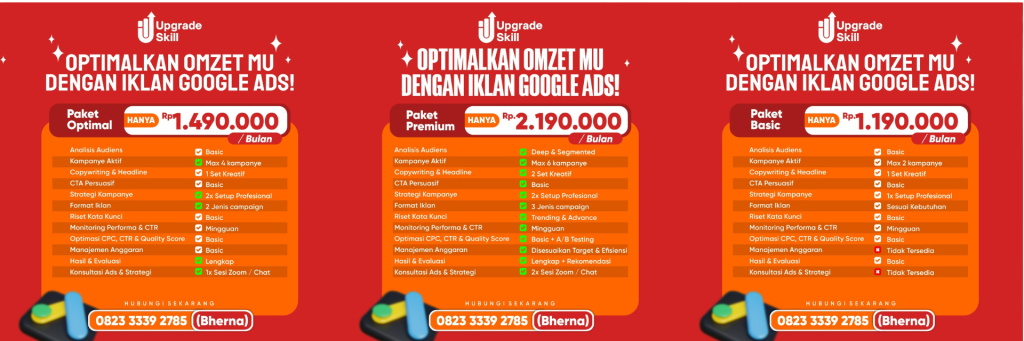 Tim profesional mengelola iklan Facebook dan Instagram untuk bisnis, Pilihan paket layanan kelola iklan Meta Ads untuk UMKM dan bisnis, Alur kerja pengelolaan iklan Meta Ads mulai dari riset hingga evaluasi, Testimoni pelanggan setelah menggunakan layanan iklan Facebook dan Instagram, Hubungi Upgrade Skill untuk layanan kelola iklan Meta Ads profesional, Strategi iklan Meta Ads yang hemat biaya dan tepat sasaran, Dashboard laporan hasil iklan Facebook dan Instagram, Optimasi kampanye iklan Meta Ads dengan A/B testing, Layanan pengelolaan iklan digital untuk meningkatkan omzet, Konsultasi gratis layanan kelola iklan Facebook dan Instagram, Paket Basic jasa iklan Meta Ads untuk pemula, Paket Optimal kelola iklan Meta Ads untuk bisnis berkembang, Paket Premium jasa iklan Meta Ads dengan strategi advance, Manajemen anggaran iklan Facebook dan Instagram agar lebih efisien, Copywriting iklan Meta Ads dengan CTA persuasif, Tim Upgrade Skill membantu optimasi iklan bisnis online, Targeting audiens iklan Meta Ads sesuai minat dan lokasi, Monitoring performa iklan Facebook Ads setiap minggu, Evaluasi strategi iklan Instagram Ads untuk hasil maksimal, Laporan transparan hasil iklan Meta Ads bulanan, Keuntungan memakai jasa kelola iklan Facebook Ads, Tips memilih layanan iklan Meta Ads untuk UMKM, Konsultasi strategi iklan digital bersama Upgrade Skill, Hasil iklan Meta Ads yang meningkatkan omzet bisnis, Layanan terpercaya untuk kelola iklan Facebook dan Instagram